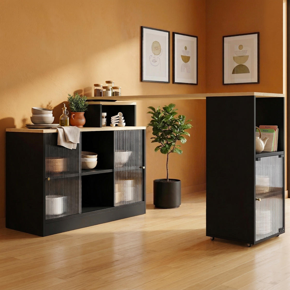 KUCHYŇSKÝ OSTRŮVEK rozkládací 170 cm, černý, otočný, skleněná dvířka - černá, kompozitní dřevo (115/60/100cm) - Urban Meuble