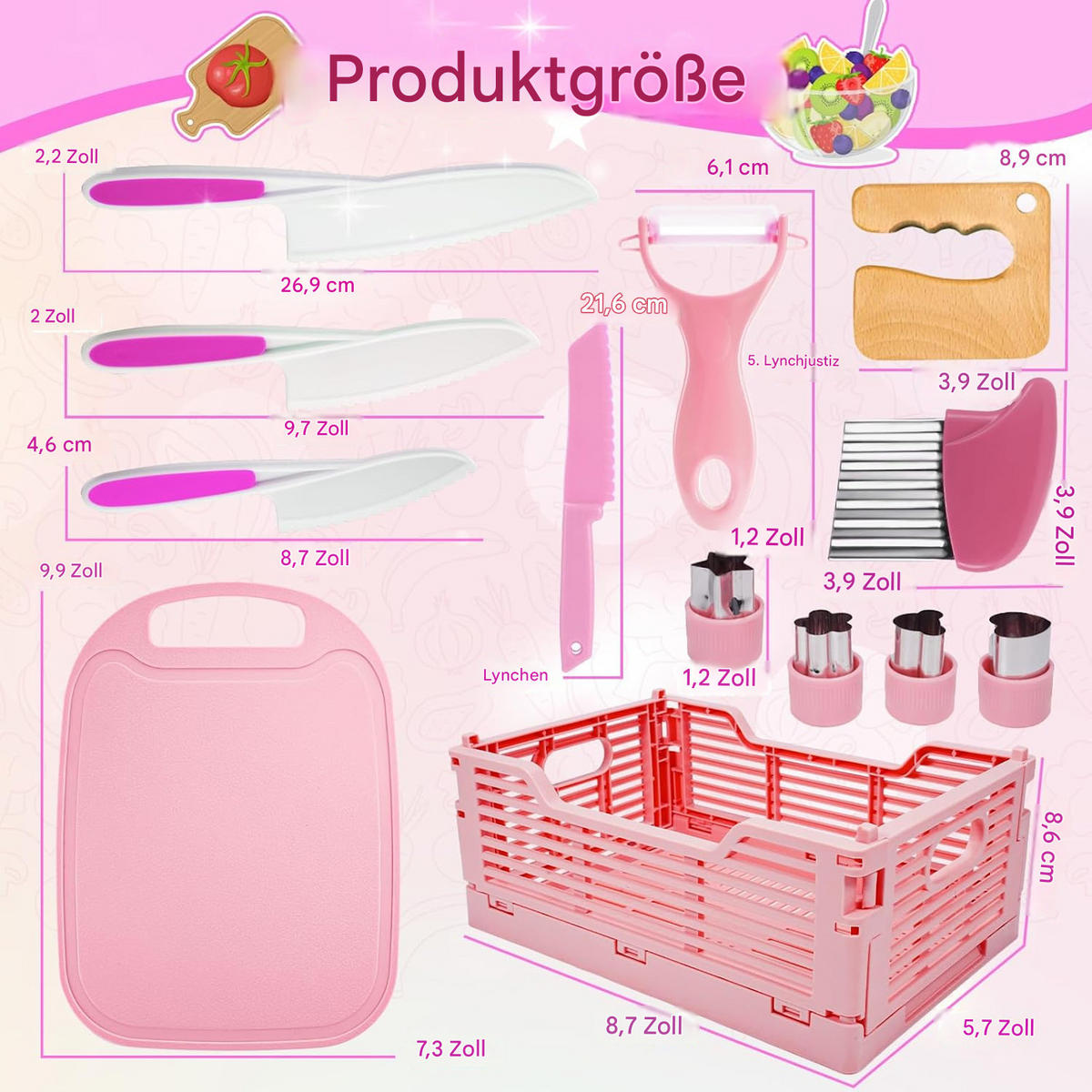 KINDERKÜCHE Messerset, Montessori Werkzeuge, mit Korb Aufbewahrung - Pink, Kunststoff (21/31/4cm) - Authentics