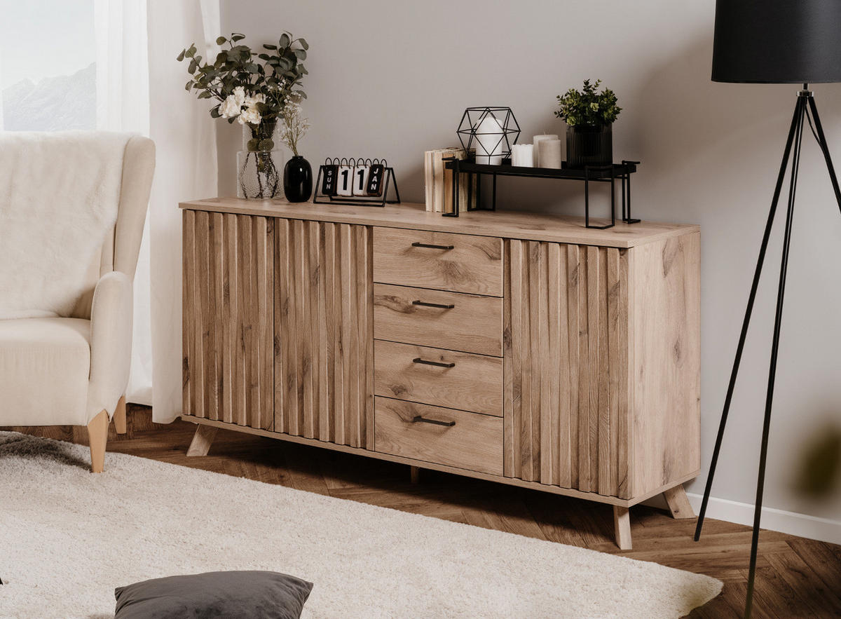 SIDEBOARD Eiche 175 cm, Kommode mit Push-to-Open und viel Stauraum - Eichefarben/Messingfarben, Holzwerkstoff/Metall (175/85/40cm) - Furn.Design