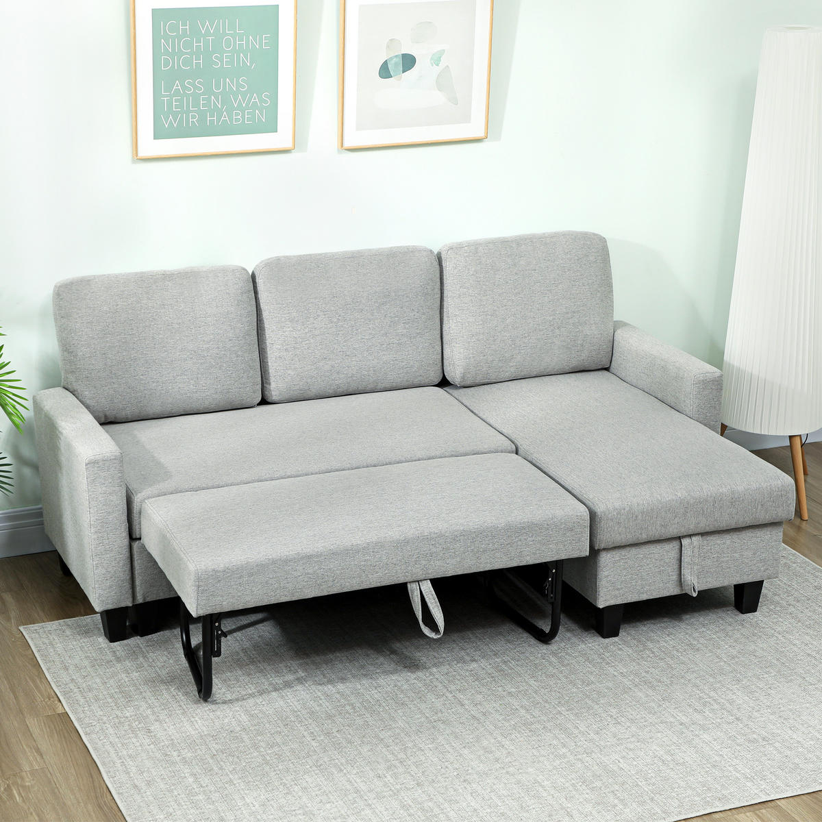 ECKSCHLAFSOFA DE-14616 mit Bettfunktion und Stauraum Hellgrau - Hellgrau, Textil (129/197cm) - ComfortXL