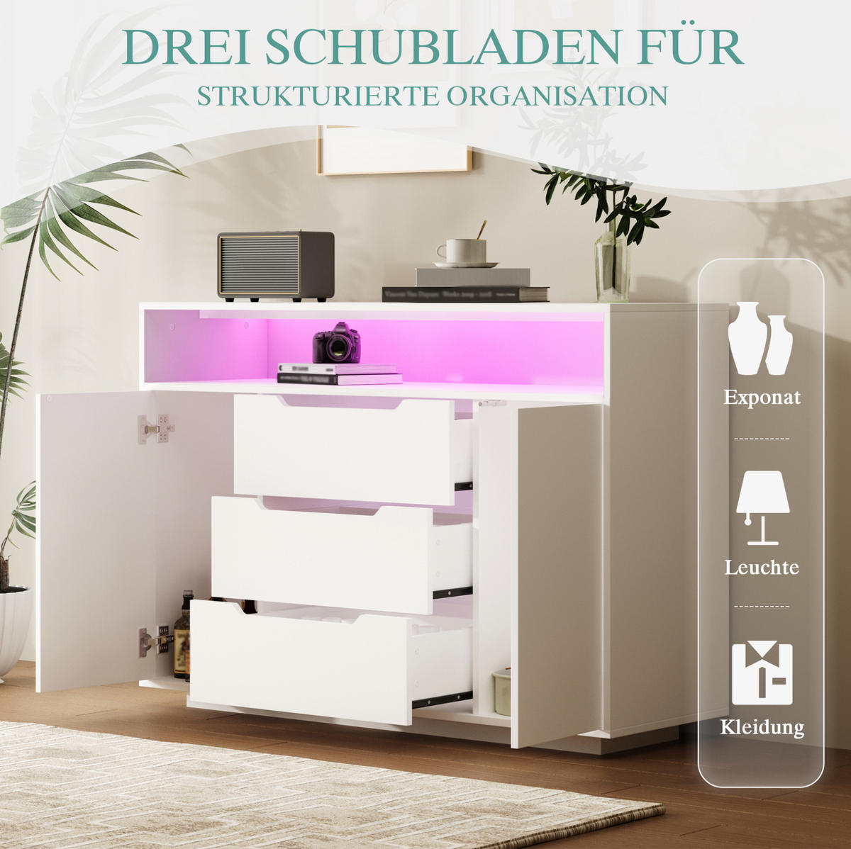 SIDEBOARD 120/40/85 cm mit 2 Türen, 3 Schubladen & LED in Weiß Matt - Weiß, Holzwerkstoff (120/85/40cm) - BEAOK