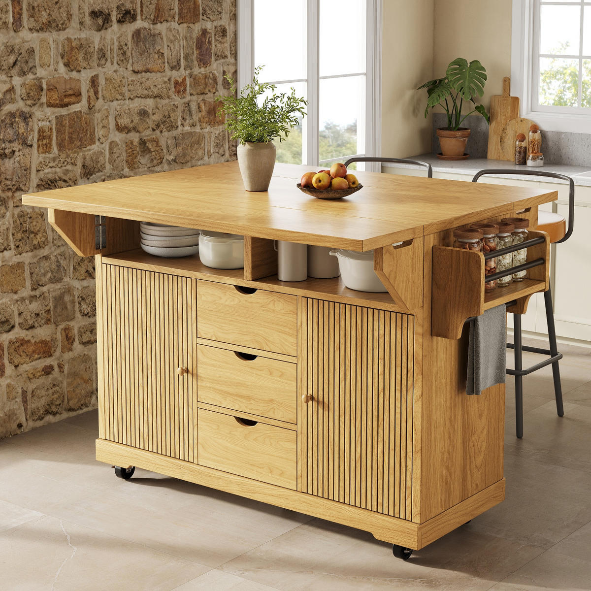 KÜCHENINSEL, AUSKLAPPBARE TISCHVERLÄNGERUNGEN, MDF Naturbraun, Küche, 142,5/80/95 cm - Braun, Holzwerkstoff (80/95/142.5cm) - Rolipo