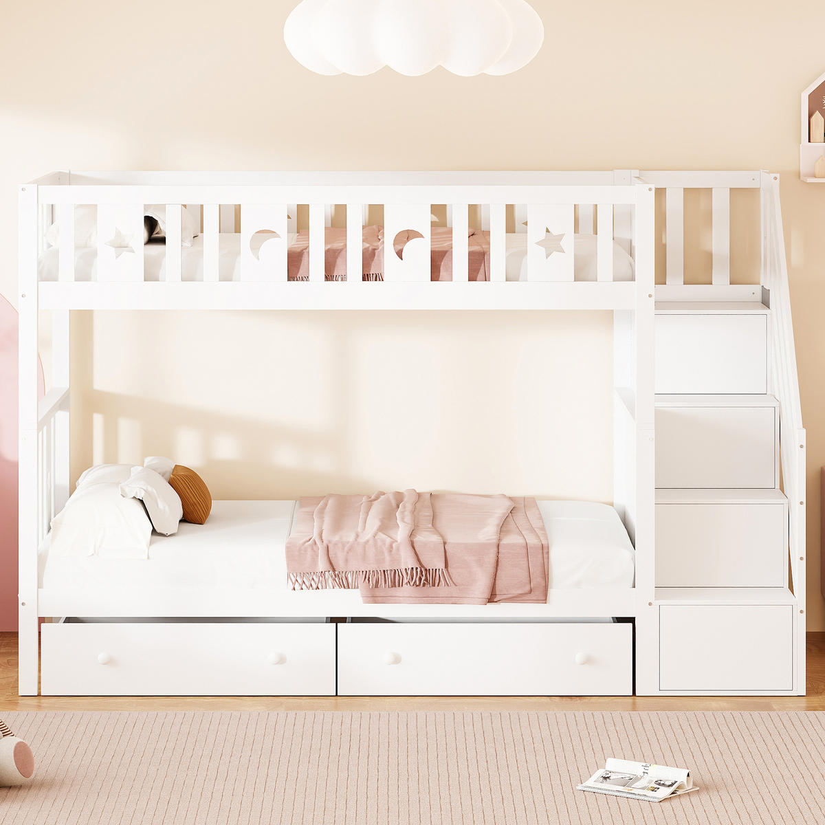 ETAGENBETT 90/200 cm Weiß aus Massivholz mit Stauraumtreppe und Lattenrost - Weiß, Holz (90/200cm) - OKWISH