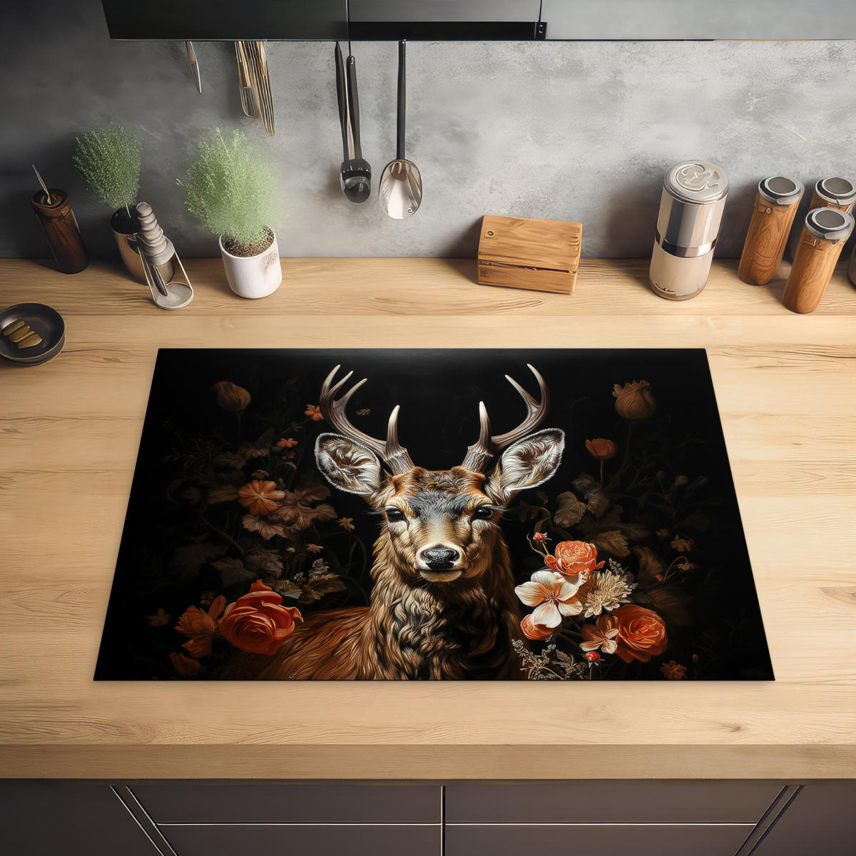 HERABDECKPLATTE - Hirsch - Tier - Blumen - Natur - Botanisch - 75x55 - Kupferfarben, Kunststoff (75/55/0.2cm) - MuchoWow
