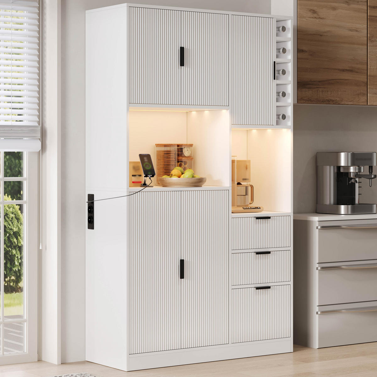 BUFFET DE-38683 105/40/180 cm LED-Beleuchtung und Weinregal Weiß - Weiß, Holzwerkstoff (105/180/40cm) - ComfortXL