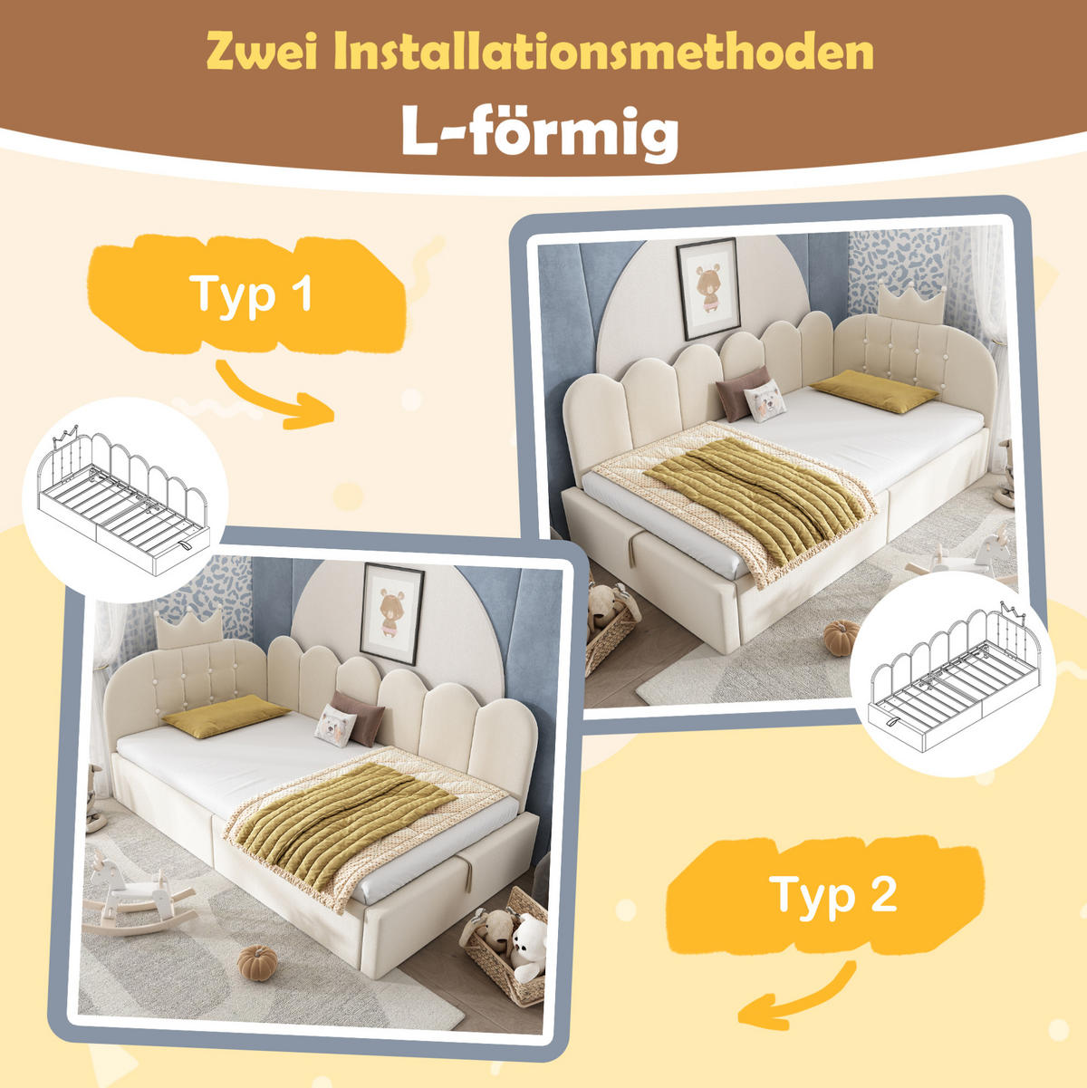 KINDERBETT Polsterbett 90/200 cm aus Samt mit Stauraum und Kronen-Gitter-Design Beige - Beige, Textil (90/200cm) - Modenvie