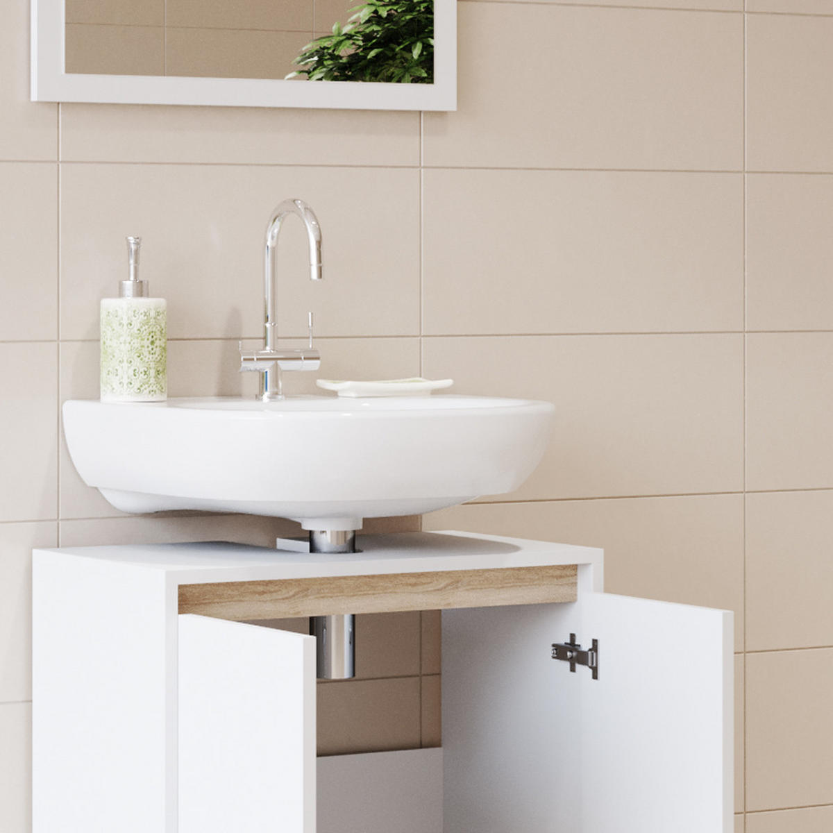 BADMÖBEL-SET Emma Weiß/Sonoma 2 Teile - Weiß/Sonoma Eiche, Holzwerkstoff (58/60/33cm) - Vicco