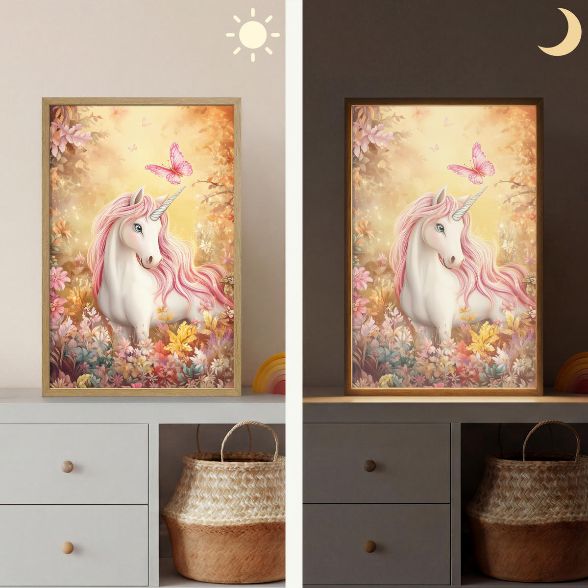 NÁSTĚNNÁ LAMPA S AKUMULÁTOREM Jednorožec - Květiny - Motýl - Růžová 40x60 cm - béžová, kompozitní dřevo (40/60/8cm) - OnlyWow