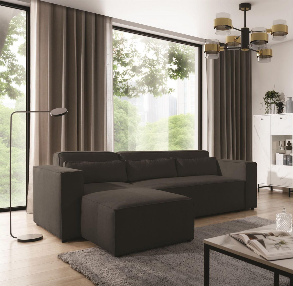 ECKSOFA Schlafsofa Waldo In Stoff Poso - Schwarz, Holzwerkstoff/Textil (260/173cm) - Fun Möbel