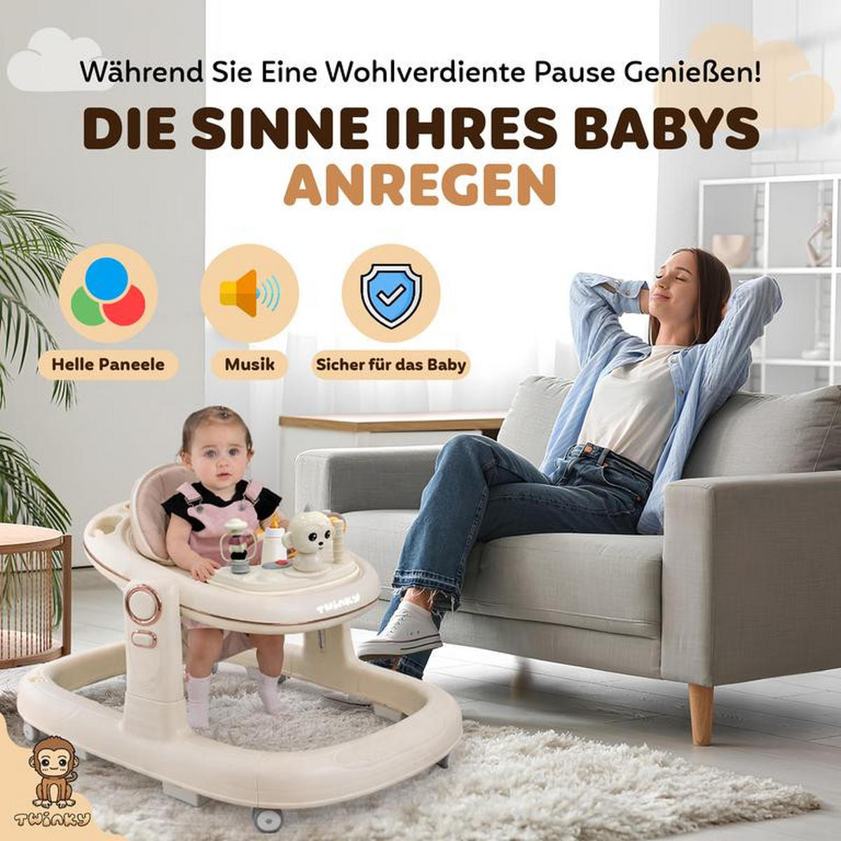 LAUFLERNHILFE GO 3 in 1 Creme - Lauflernwagen mit Spielset und Zubehör - Beige, Kunststoff (70/70cm) - Twinky