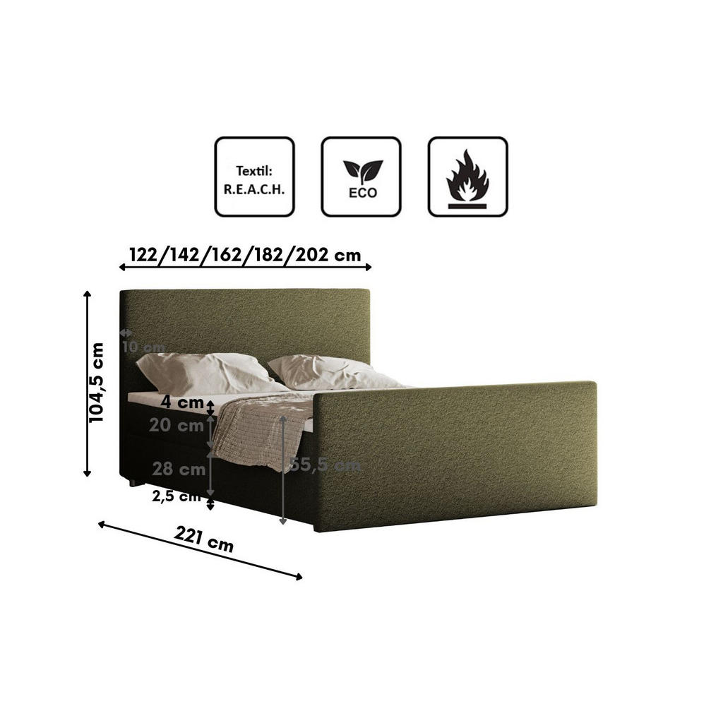 Thumbnail - Kaiser Möbel Boxbett, Grün, Textil, H3, Höhe ca. 20 cm, einmalig seitenverkehrt montierbar,Rechteckig, 160x200 cm, Schla...