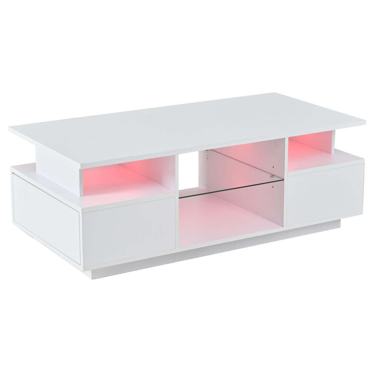 COUCHTISCH 100/50/36 cm mit 2 Schubladen, Glasablagen und LED-Beleuchtung in Hochglanz, Weiß - Weiß, Holzwerkstoff (100/50/36cm) - Redom