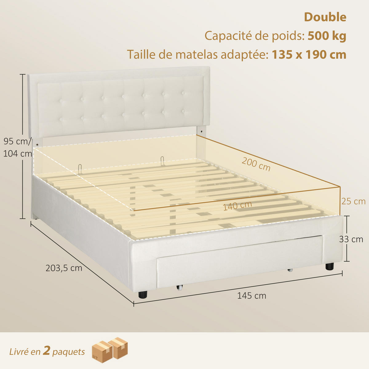 BETT 140x200 cm DE-14662 mit Gasdruckfedern & Schublade Creme - Creme, Holzwerkstoff (140/200cm) - ComfortXL