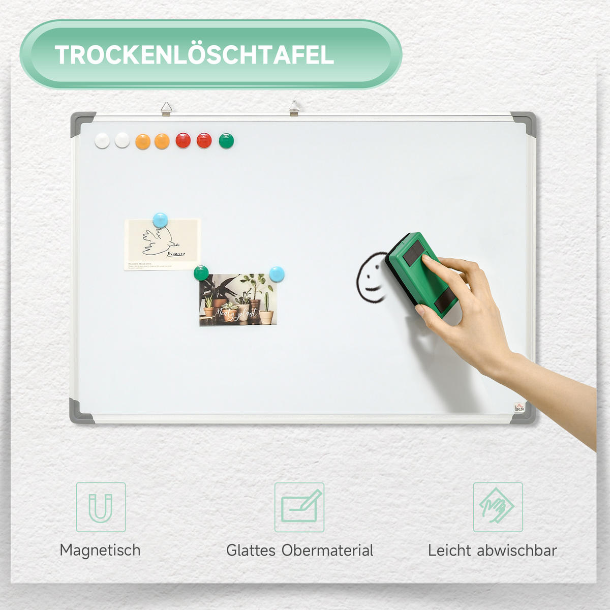 MAGNETISCHES Whiteboard, Magnettafel, Magnetboard, Trocken Abwischbar 90 x 60 cm - Weiß, Kunststoff (60/1.8/90cm) - HOMCOM