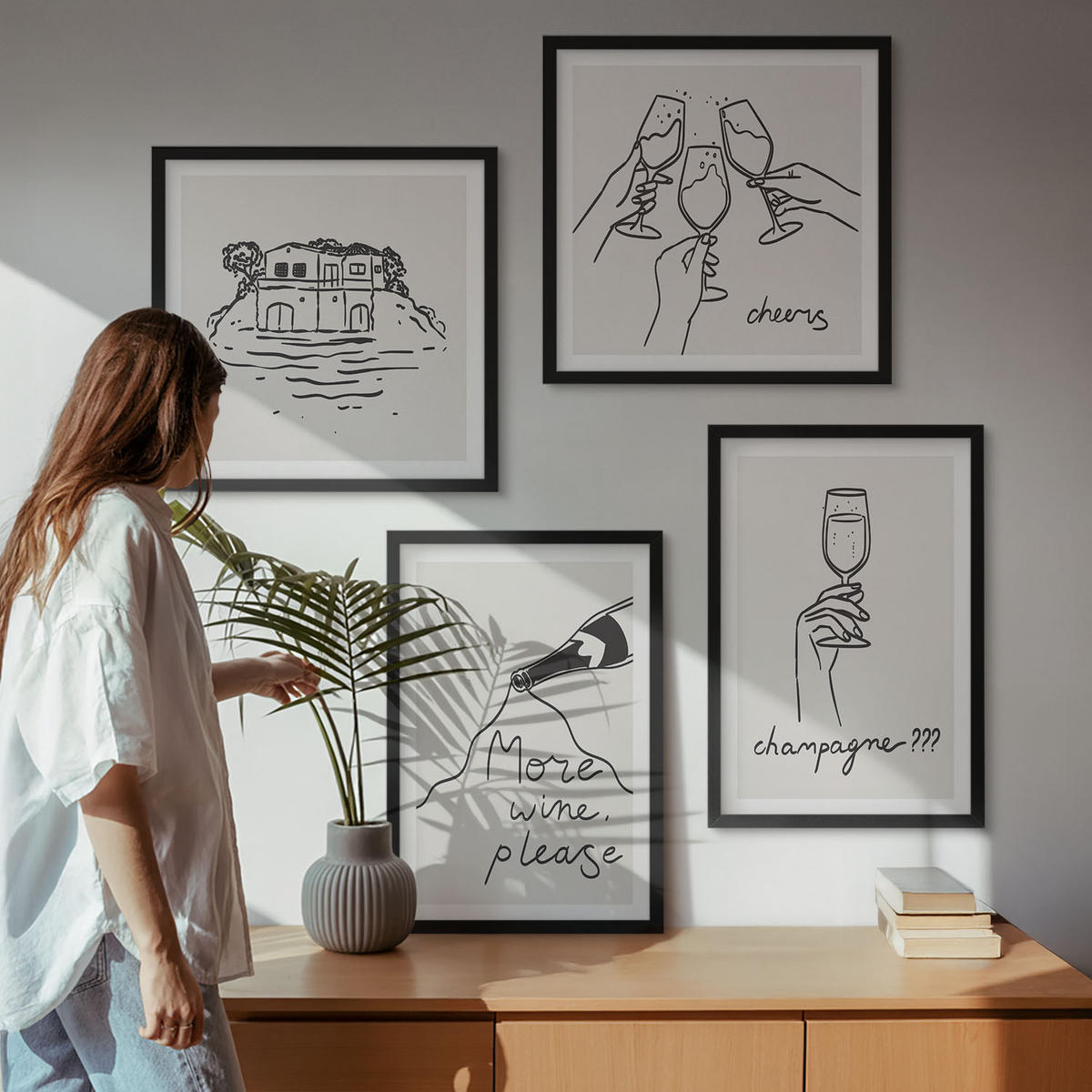 BILDER SET 4er Set - 50x50 cm & 40x60 cm Schwarzer Rahmen - Fröhliche Momente mit Champagner - Schwarz, Kunststoff (50/50cm) - TULUP