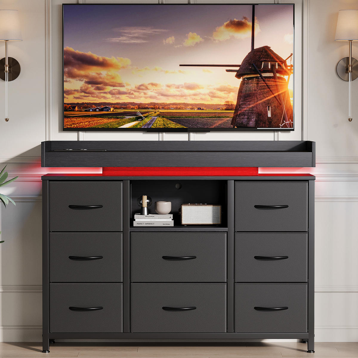 KOMODA s 8 zásuvkami, černá, RGB LED, USB, ochrana proti převrácení - černá, dřevo (30/82/108cm) - SHOPENTRA