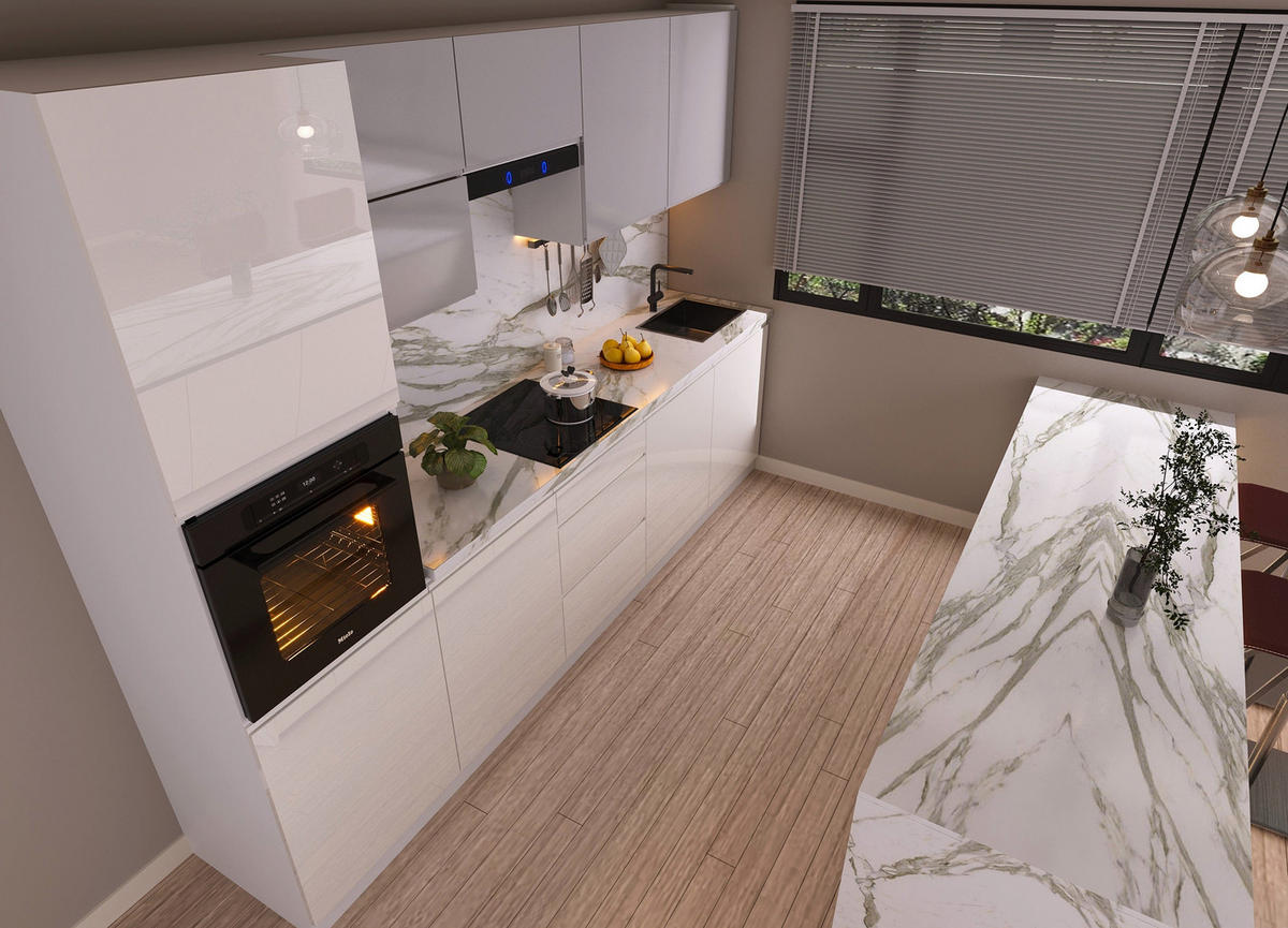 KÜCHENZEILE 300 cm Glanzia – KU-S02 – Weiß / Grau – Hochglanz - Weiß Hochglanz, Holzwerkstoff (300/212/58cm)