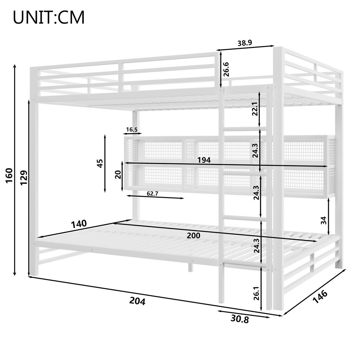 ETAGENBETT 140/200 cm in Weiß aus Metall mit 6 Stauraumschränken und LED - Weiß, Metall (140/200cm) - Flora Grace