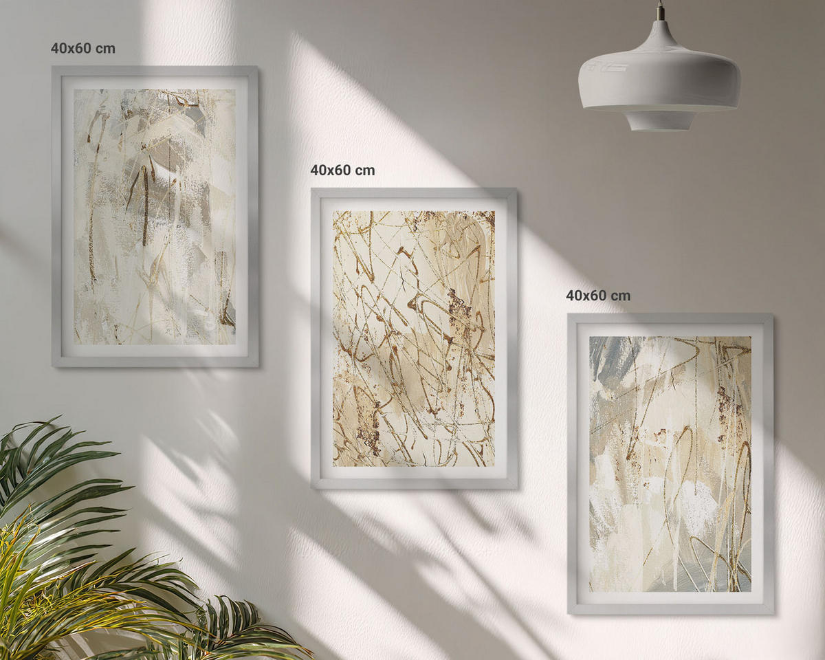 BILDER SET 3er Set - 40x60 cm Silberner Rahmen - Abstrakte Muster in Beige und Grau - Silberfarben, Kunststoff (40/60cm) - TULUP