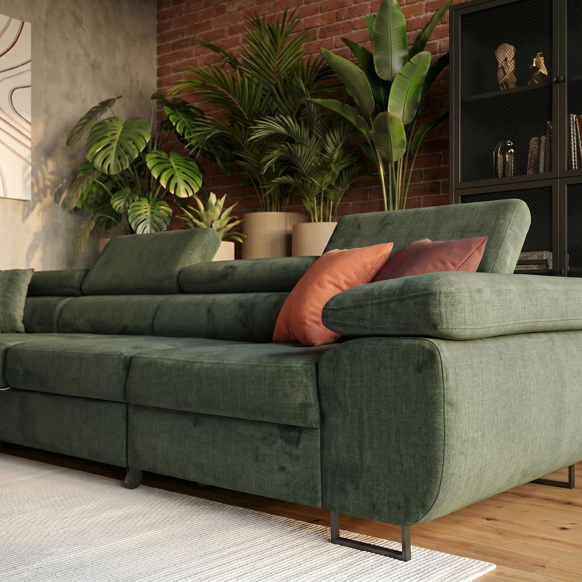 ECKSOFA WILD MAXI L Links mit Schlaffunktion 125x195 Velours Dunkelgrün - Chromfarben/Dunkelgrün, Holz/Textil (203/350cm) - Muffo