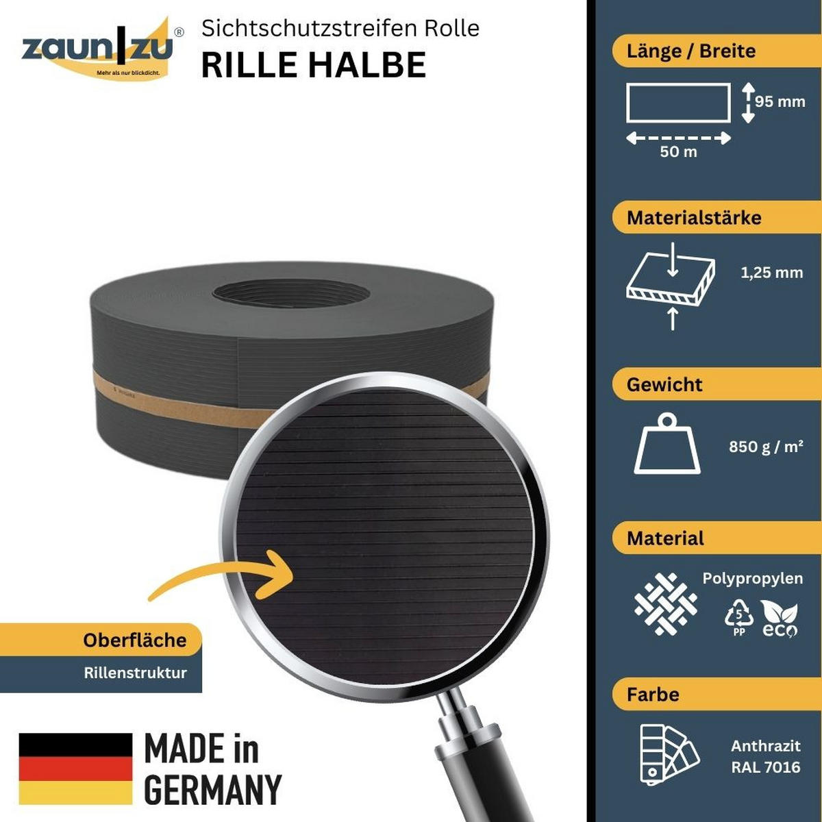 SICHTSCHUTZSTREIFEN Rille Halbe Rolle für Doppelstabmatten Anthrazit 50m - Anthrazit, Kunststoff (5000/9.5cm) - ZAUN|ZU