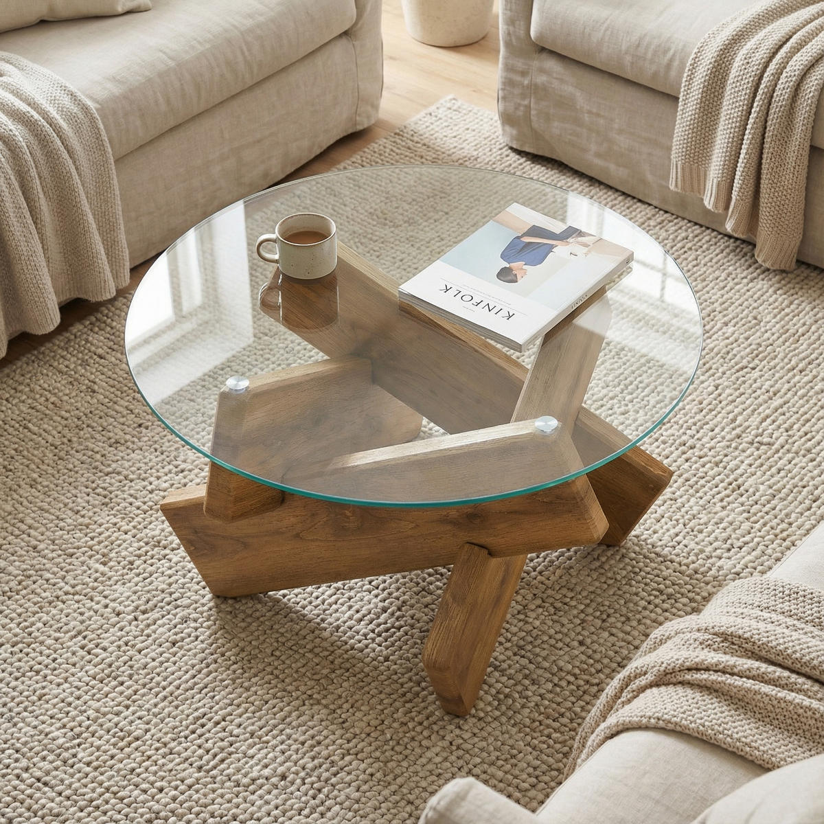 COUCHTISCH Ø 79 cm in Rundes Glas & Holz-Optik - Eichefarben, Holzwerkstoff (79/79/45cm) - Urban Meuble