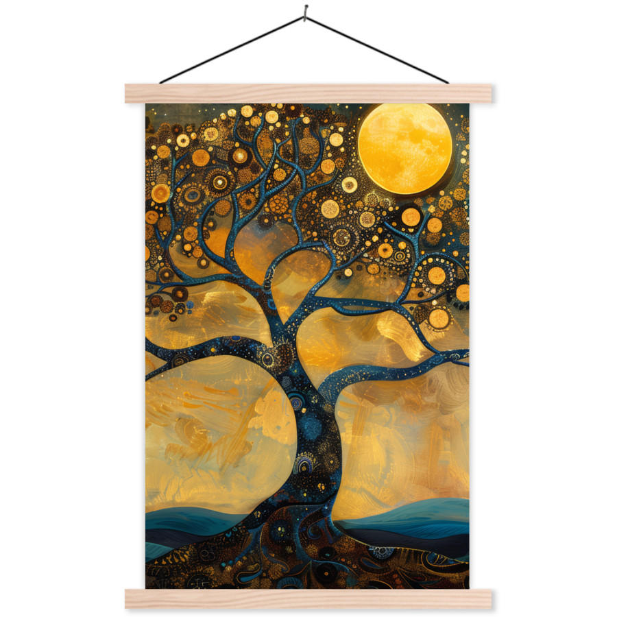 POSTER Baum - Mond - Blumen - Gold - Kunst 60x90 cm - Orange, Textil (60/90/0.15cm) - MuchoWow