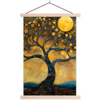 POSTER Baum - Mond - Blumen - Gold - Kunst 40x60 cm - Orange, Textil (40/60/0.15cm) - MuchoWow