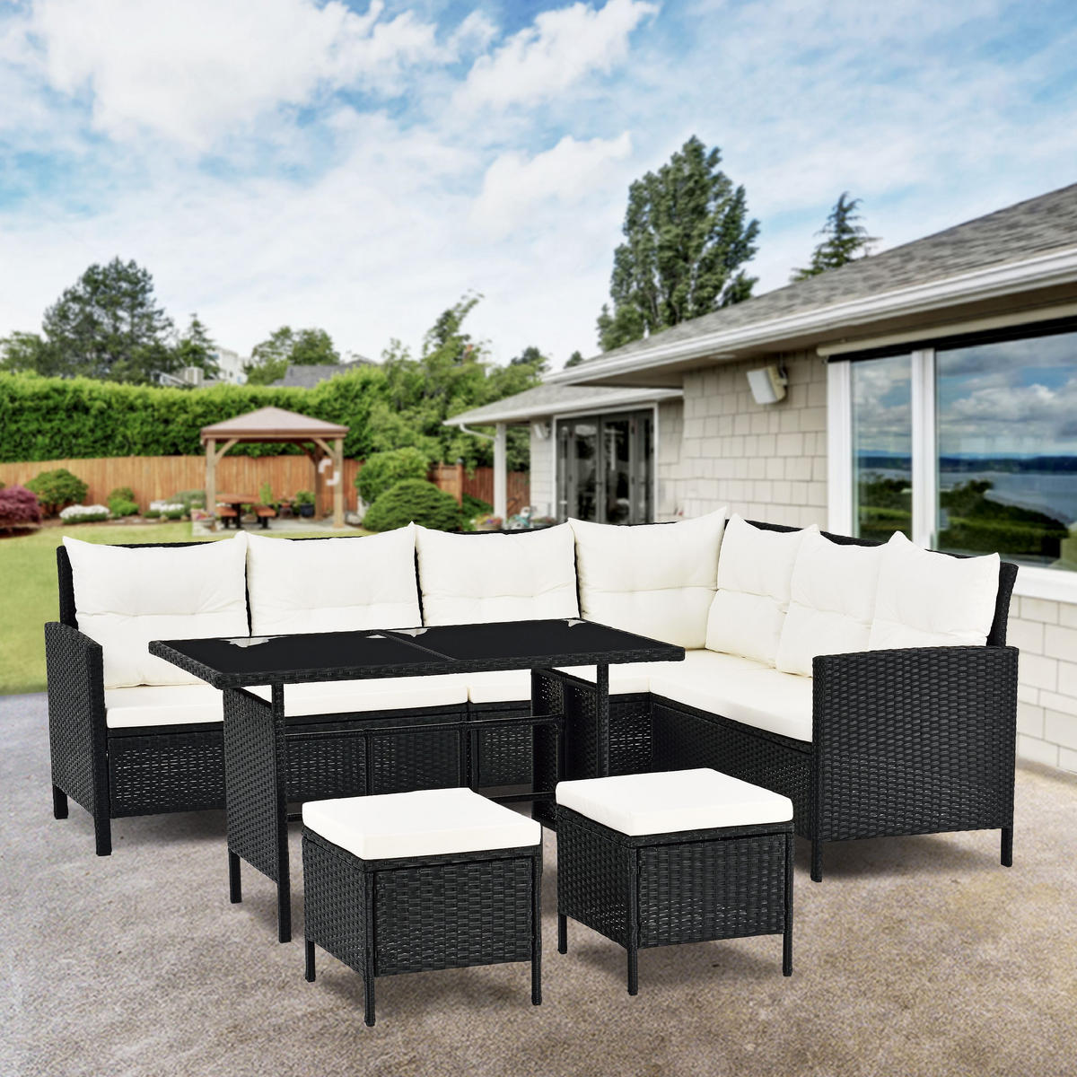 LOUNGEGARNITUR Manacor schwarz,creme - Creme/Schwarz, Kunststoff/Metall - Juskys