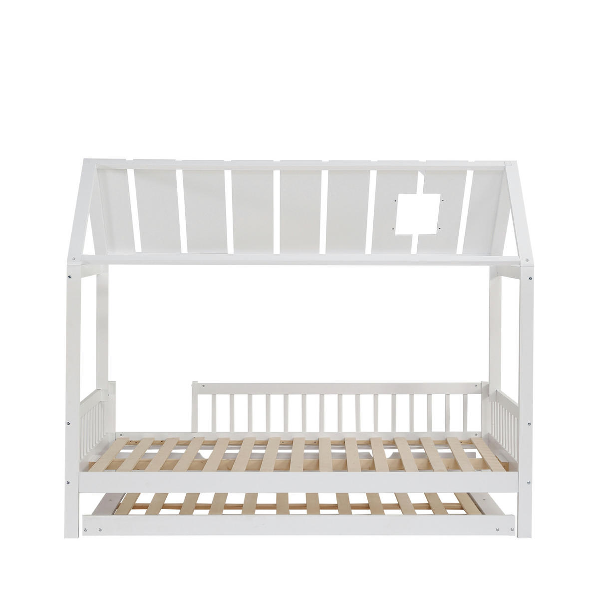 KINDERBETT 120/200 cm mit Rollbett, Dach und 3-seitigem Gitter, Weiß - Weiß, Holzwerkstoff (120/200cm) - Redom