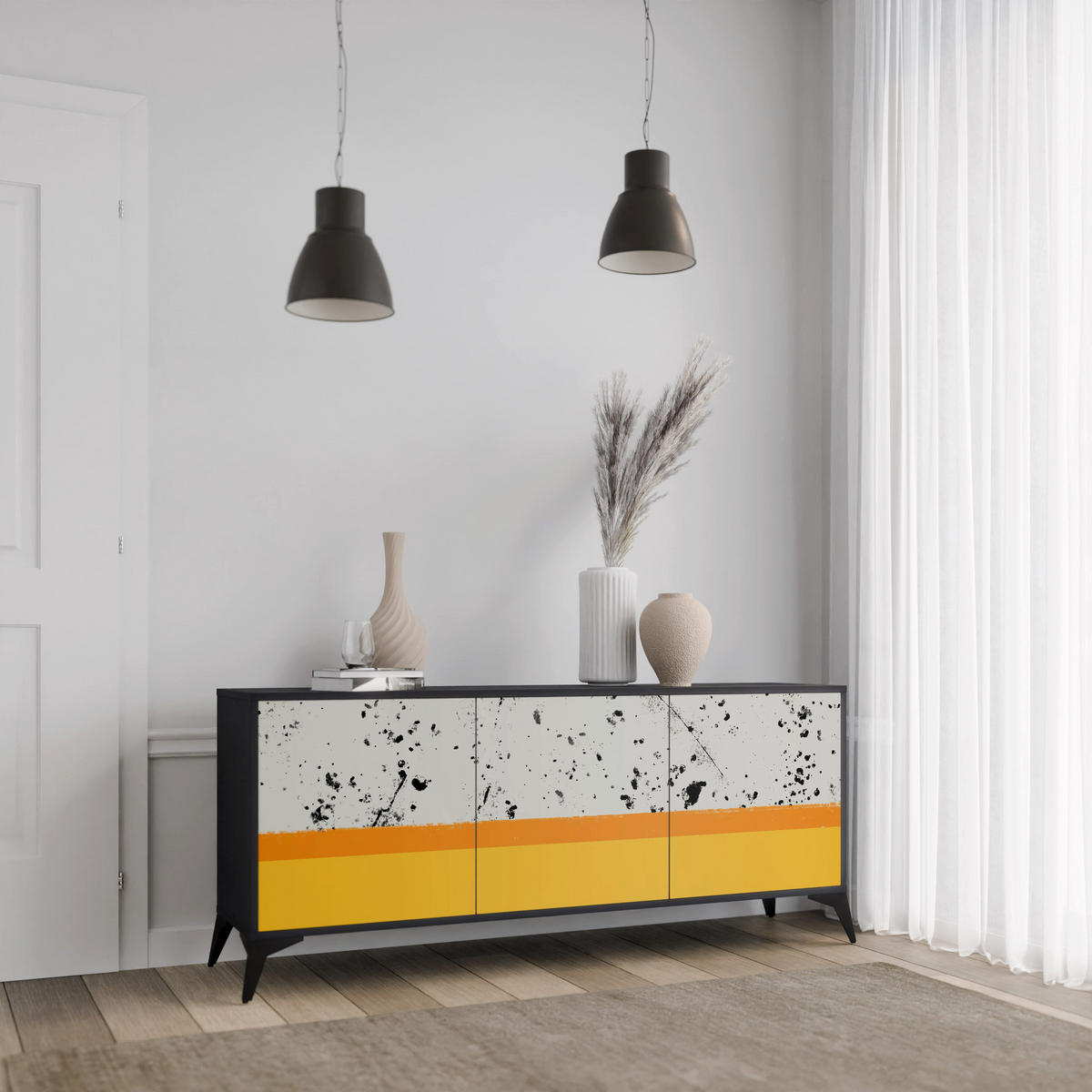 SIDEBOARD DYED BY ORANGE, Eicheneffekt, 164,5x42x77,5 cm, 3 Türen - Eichefarben/Buchefarben, Holzwerkstoff/Buchenholz (164.5/77.5/42cm) - SpaceRebels