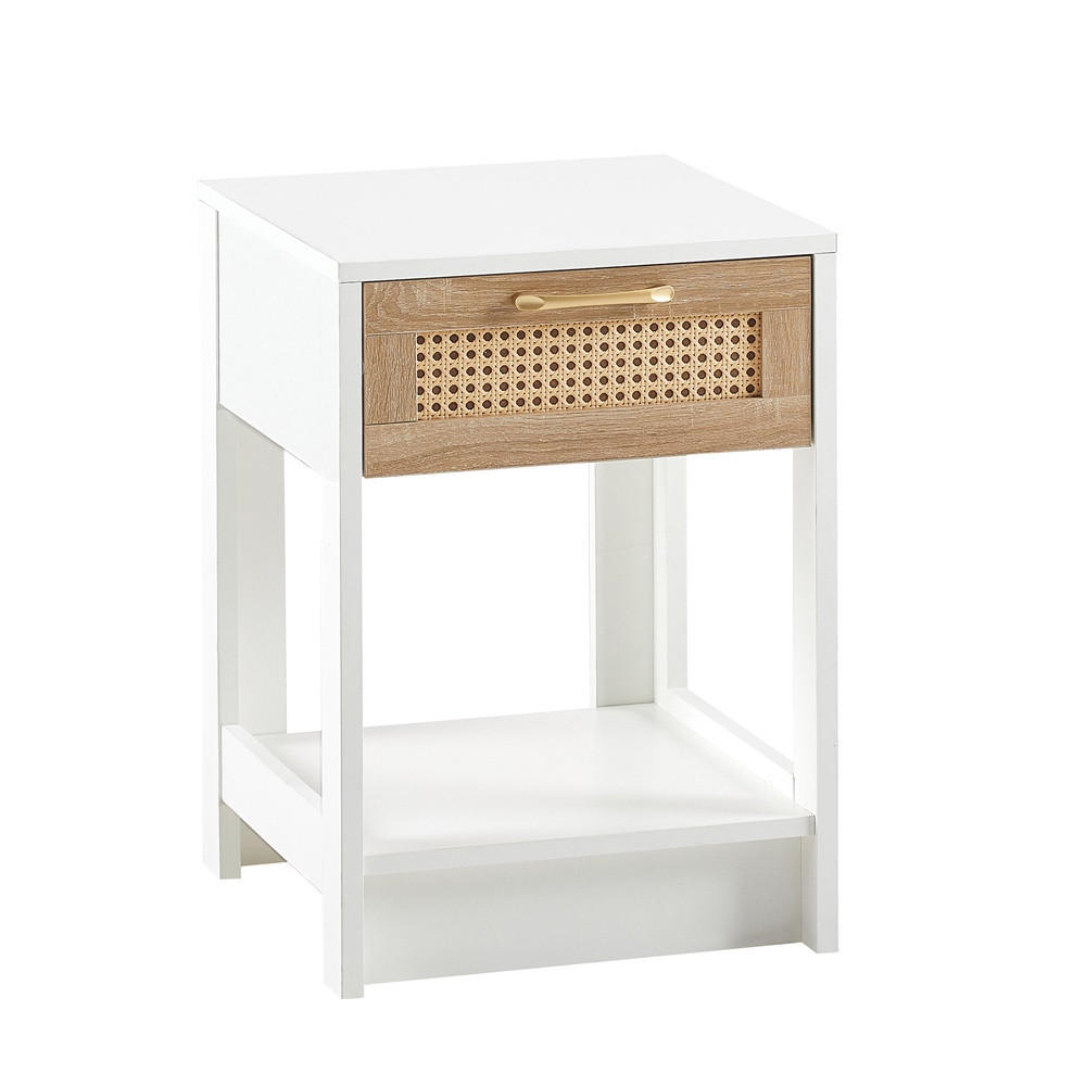 NACHTTISCH 40x40x55 cm - 1 Rattan-Schublade - Goldener Griff - für Schlafzimmer und Wohnzimmer - Natur & Weiß - Weiß, Holzwerkstoff (40/55/40cm) - DELFA