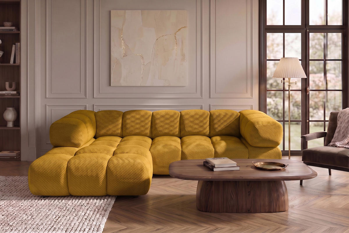 ECKSOFA L-FORM, Strukturierter Premiumstoff Sonic, Senffarbe, Links, Averro - Gelb, Holz (280/150cm) - Kaiser Möbel