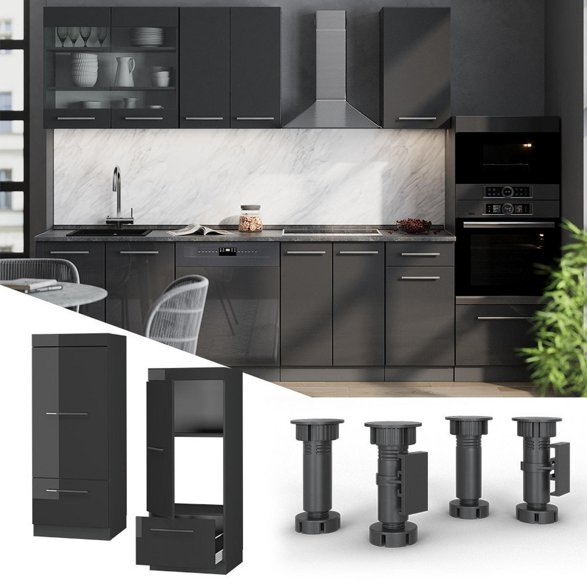 MIKROWELLENSCHRANK Fame-Line Anthrazit Hochglanz 60 cm - Schwarz Hochglanz/Anthrazit, Holzwerkstoff (60/153.6/58.1cm) - Vicco