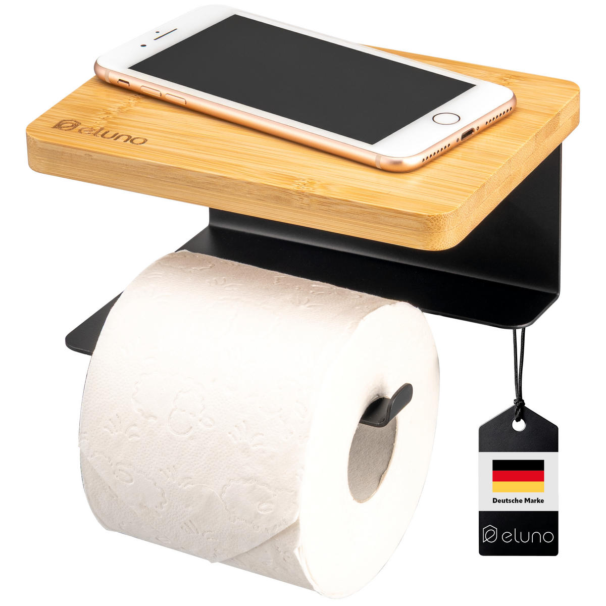TOILETTENPAPIERHALTER VARAZ mit Ablage, Metall und Bambus - Schwarz, Metall (18/9.5/13cm) - eluno