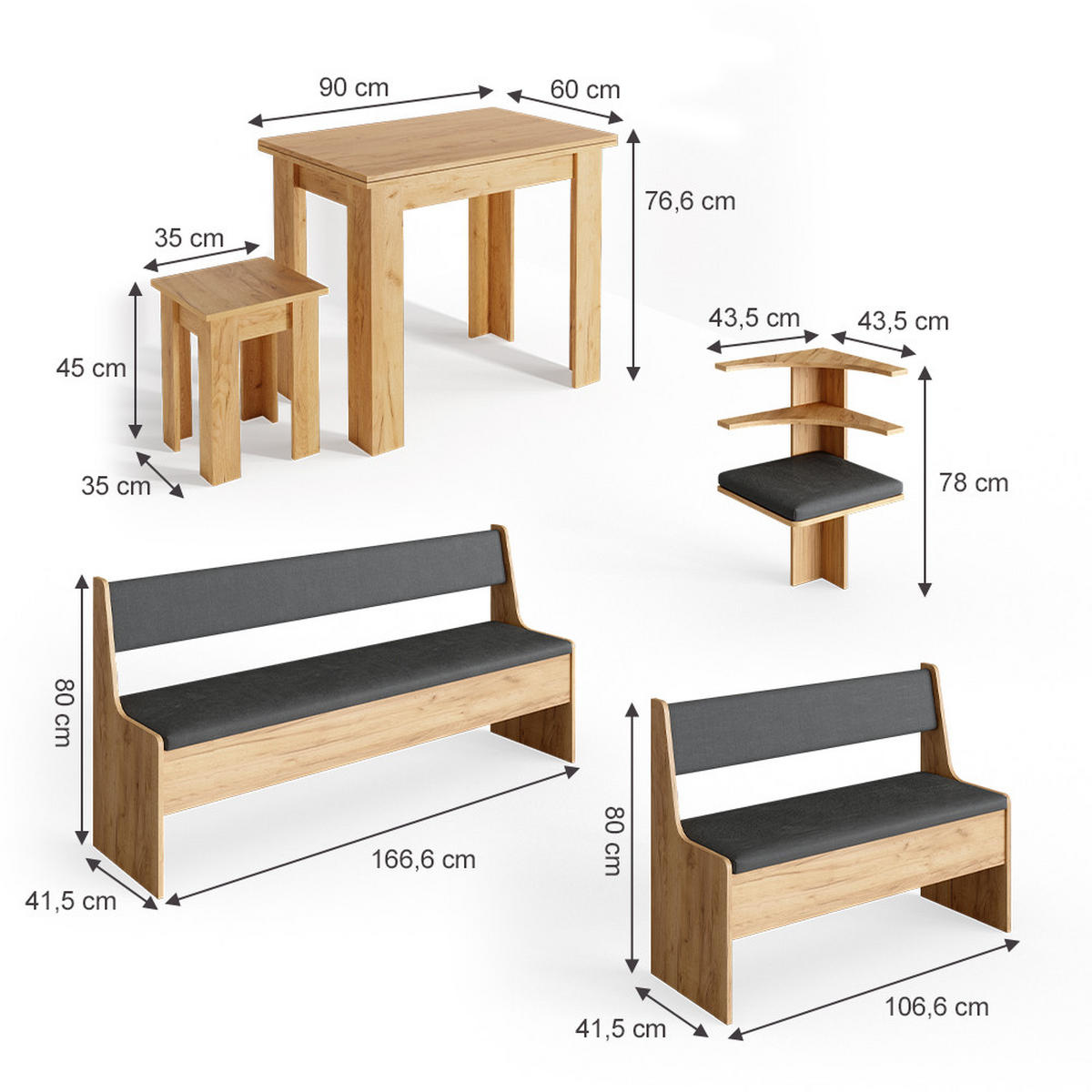 ECKBANKGRUPPE Roman Goldkraft Eiche 210 x 41.5 cm mit Tisch - Anthrazit/Eiche Wotan, Holzwerkstoff (210/80/150cm) - Vicco