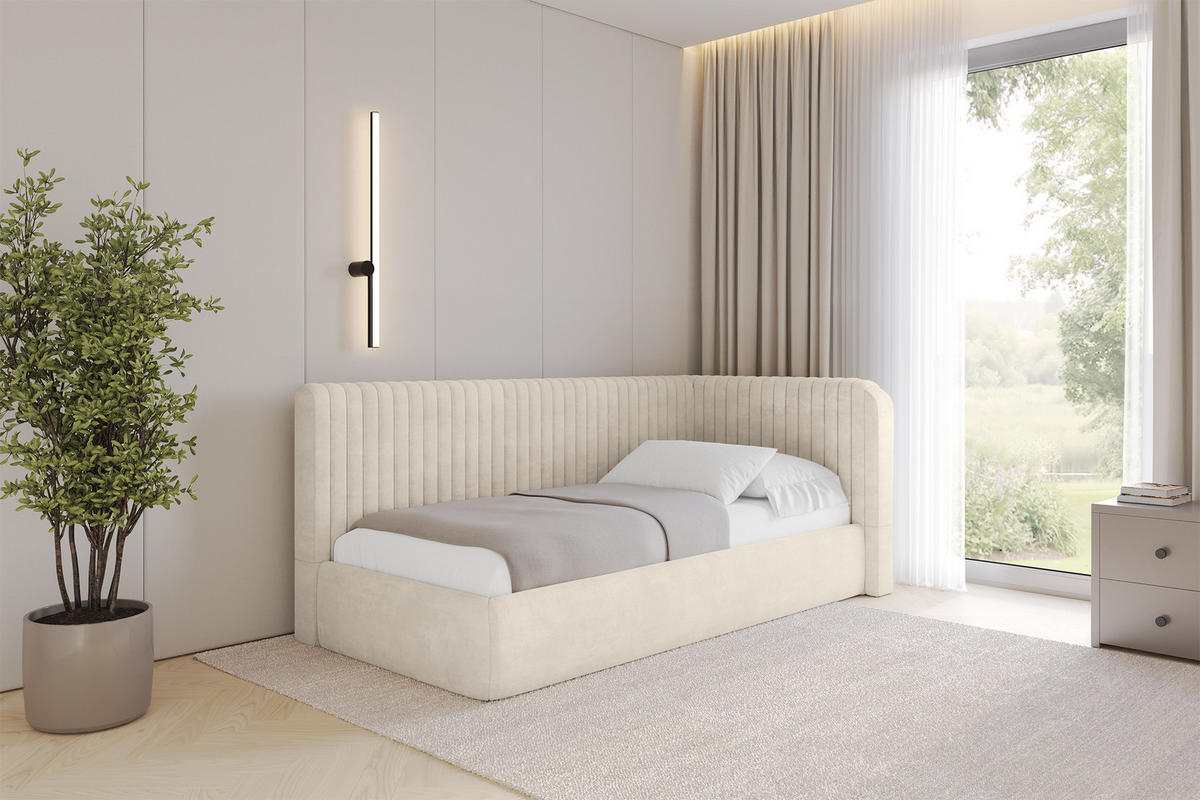 EINZELLBETT Jugendbett mit Bettkasten, Links - AURY 100x200 Beige - Beige, Holzwerkstoff/Textil (100/200cm) - ALTDECOR