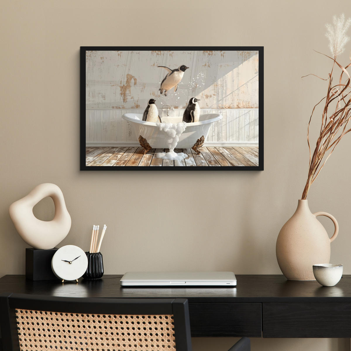 ZARÁMOVANÝ PLAGÁT Vintage - Tučniak - Vaňa - Pena 60x40 cm - čierna, papier (60/40cm) - MuchoWow