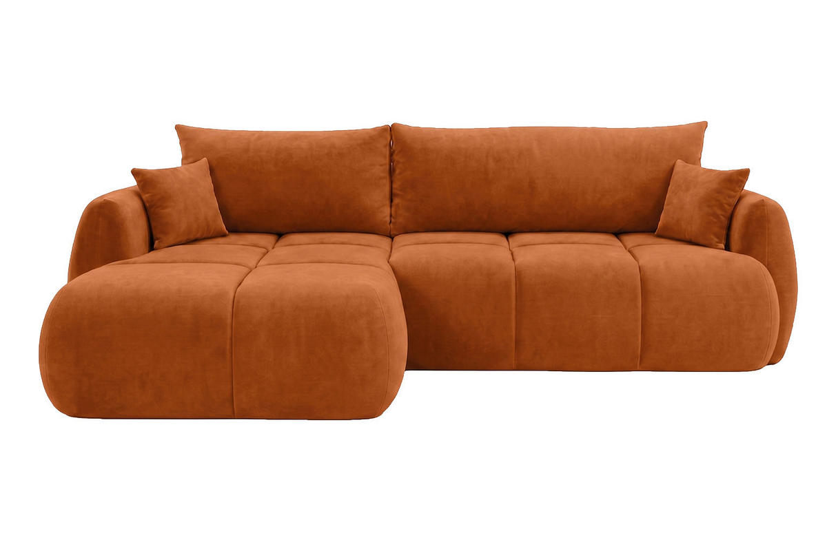 ROHOVÁ SEDAČKA s rozkládací funkcí a úložným prostorem, sametová látka Bluvel, Skořicová, Levá, COCO - měděná, dřevo (275/180cm) - Kaiser Möbel