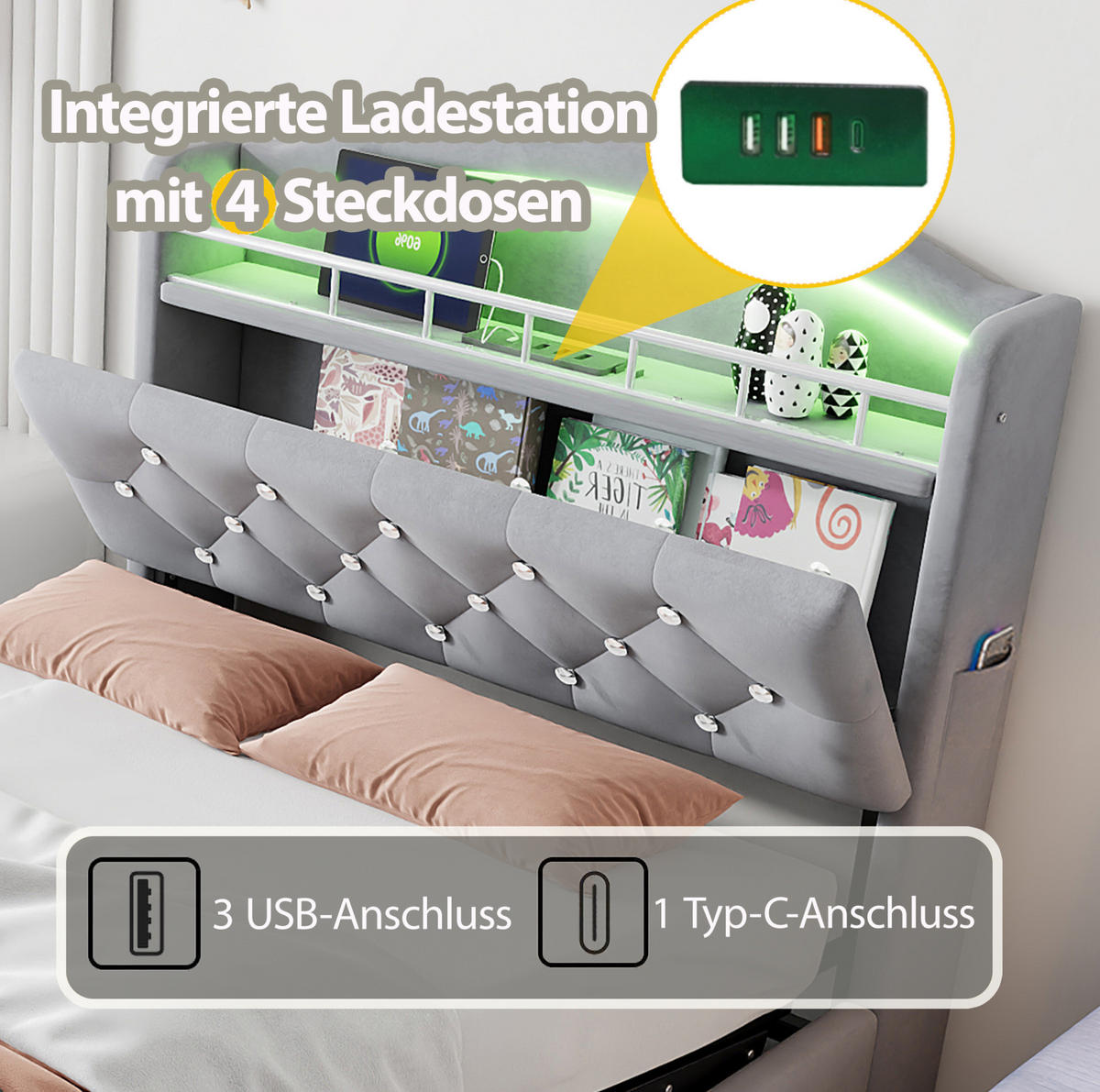 POLSTERBETT 90/200 cm Grau aus Stoff mit Stauraum - Grau, Textil (90/200cm) - OKMYHOME