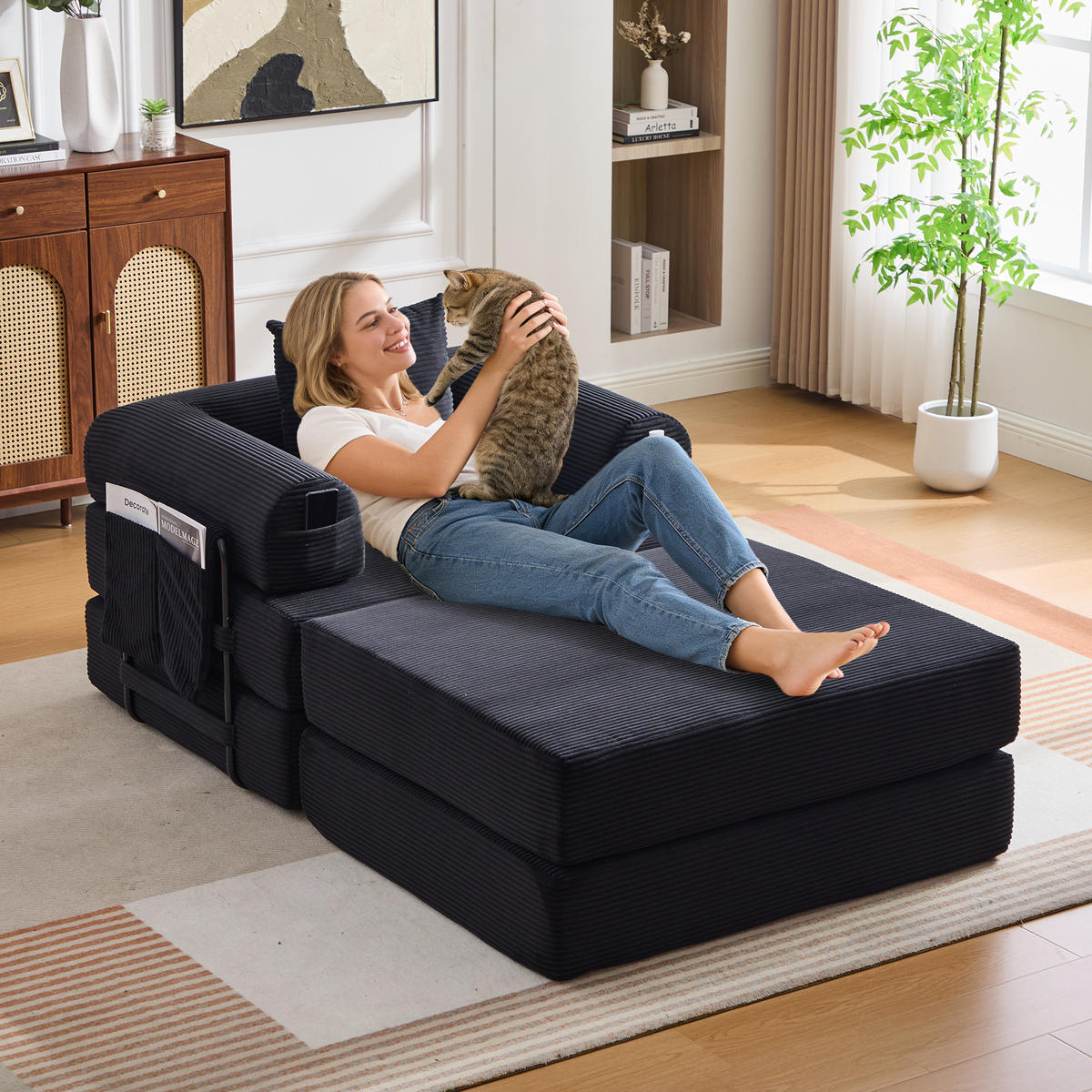 SOFA Cord Schwarz mit Kissen und Hocker - Schwarz, Textil/Metall (112/67/190cm) - WISHDOR