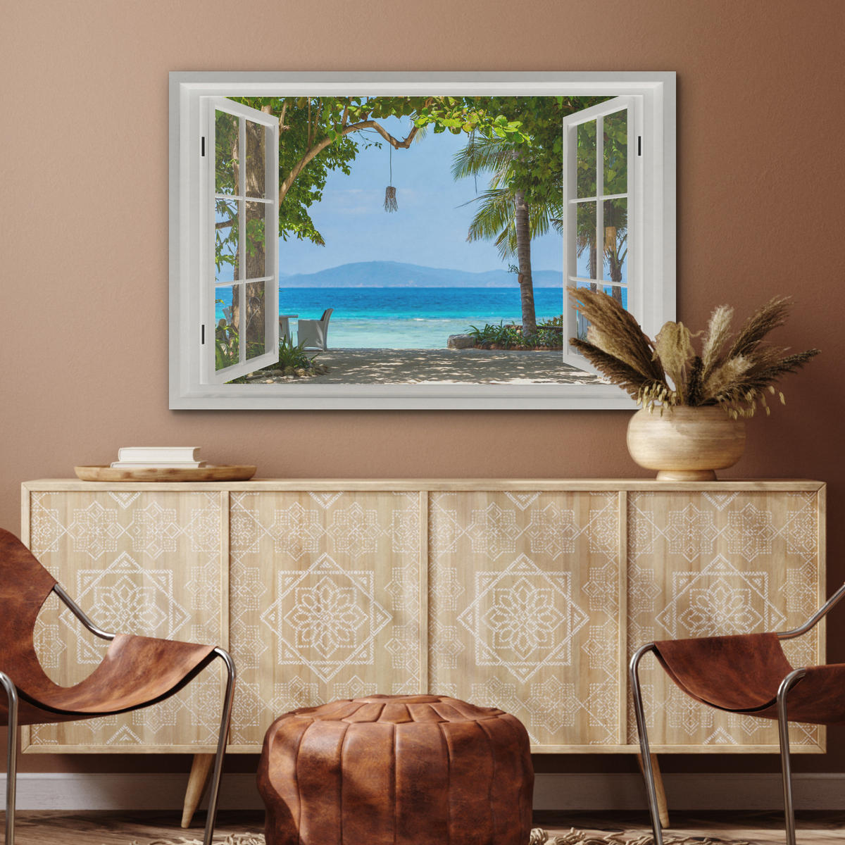 AKUSTIKBILD Aussicht - Baum - Meer - Palme - Hügel - Strand - Blau Wandbild Wohnzimmer 100x70 cm - Blau, Textil (100/70/0.9cm) - MuchoWow