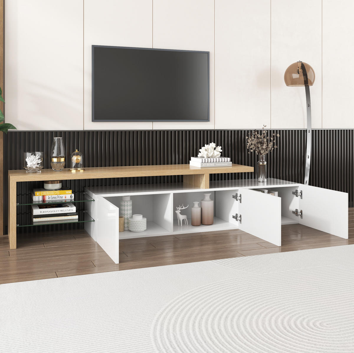 LOWBOARD 197,5/39/42 cm aus MDF und Glas mit LED-Beleuchtung und 3 Schrankfächern Weiß/Natur - Weiß, Holzwerkstoff (197.5/42/39cm) - Modenvie