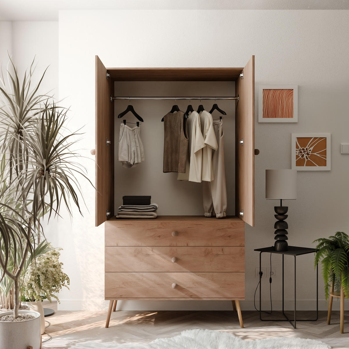DREHTÜRENSCHRANK VALERIO 2-türig 100/52/202 cm Craft-Eiche - Eiche Wotan, Naturmaterialien/Holz (100/202/52cm) - Idohome