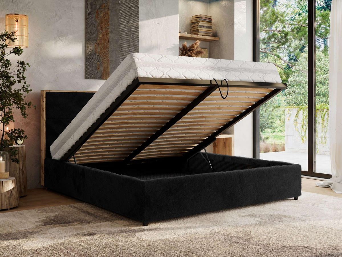 POLSTERBETT LERIO CLASSIC 160/200 - Schwarz Plüsch - Multipocket-Matratze - Schwarz, Textil (160/200cm) - MKS