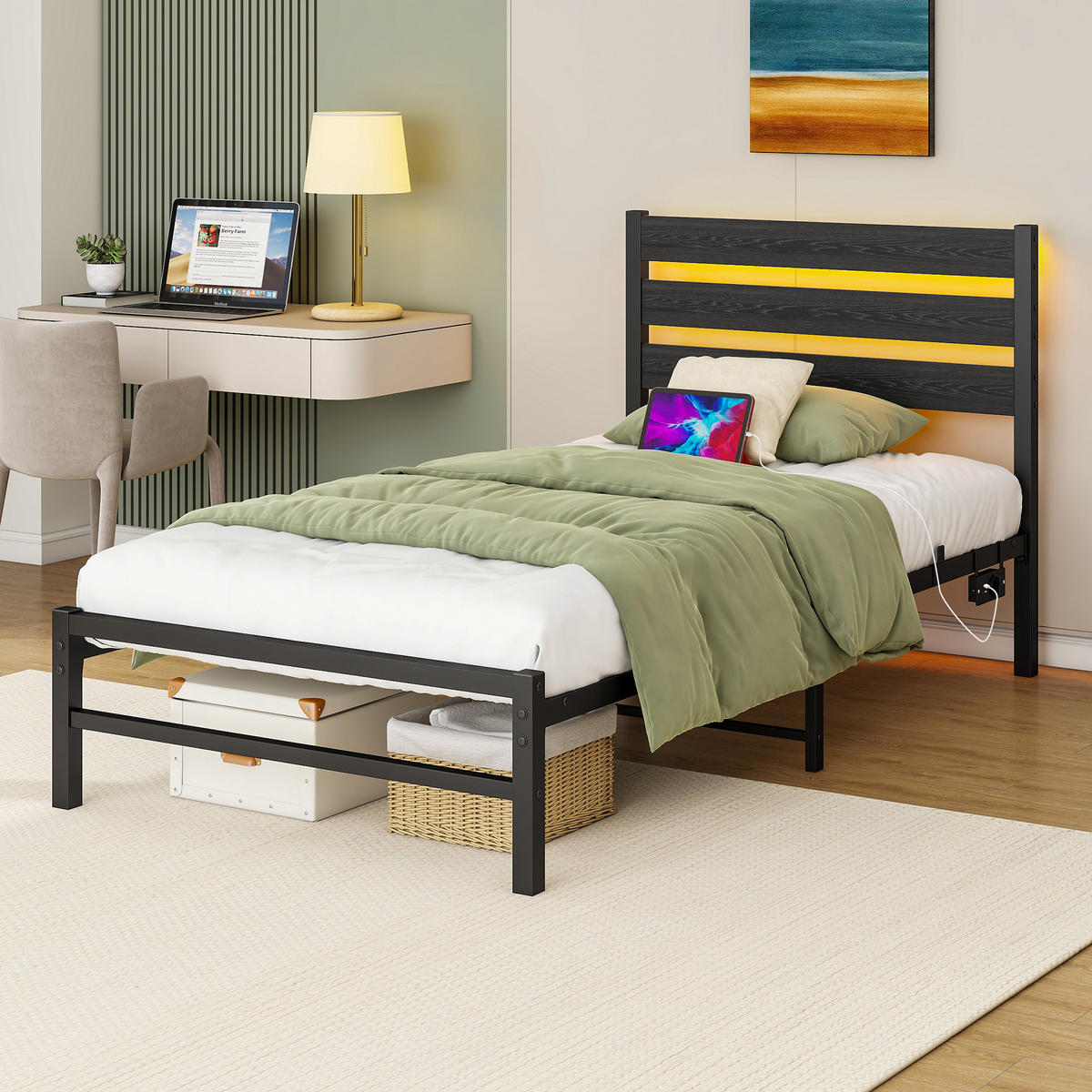 METALLBETT 90x200 cm LED USB Stauraum - Schwarz, Holzwerkstoff (90/200cm) - LEBENLANG