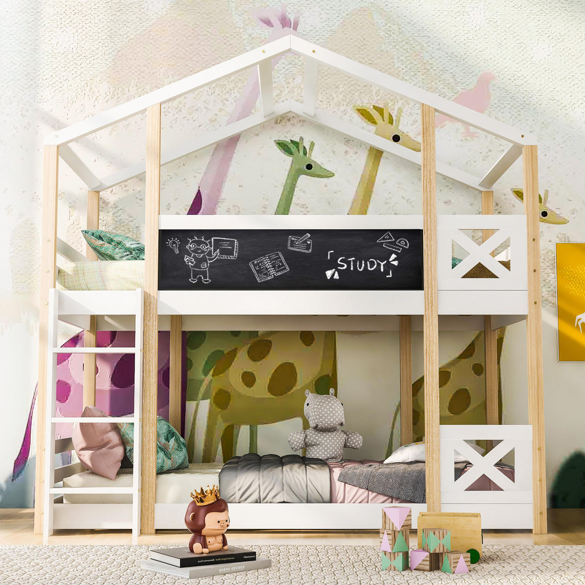 HOCHBETT 90/200 cm aus Massivholz mit Tafel, Leiter und umlaufendem Fallschutz, Weiß - Weiß, Holz - Redom