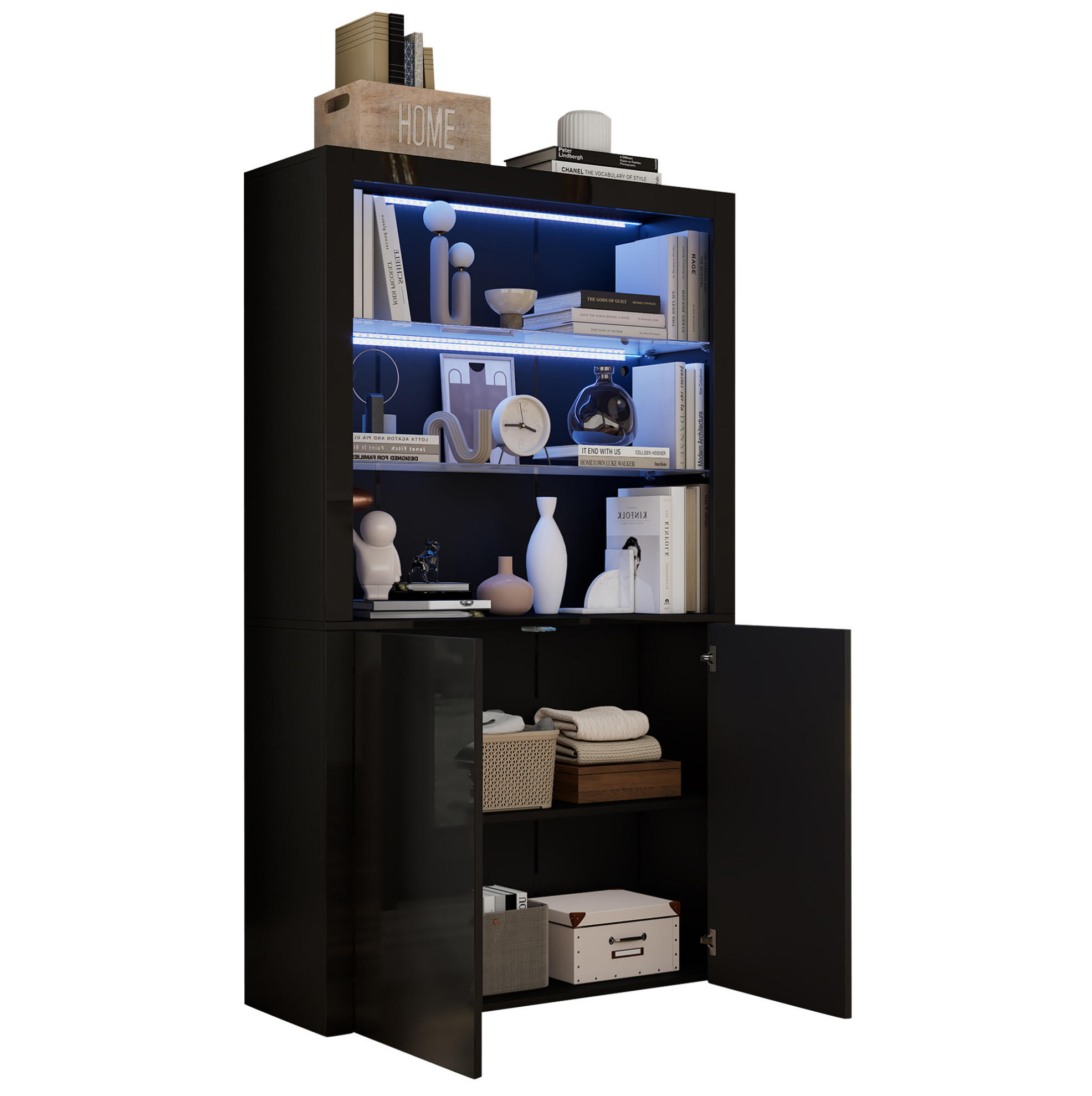 Modfu VITRÍNA z MDF a skla 100x35x170 cm černá s LED osvětlením, 2 dvířky a čelní stranou ve vysokém lesku