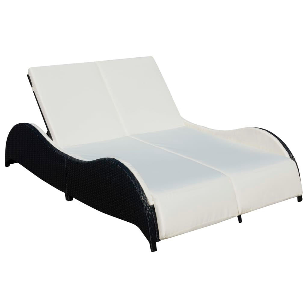 DOPPEL-SONNENLIEGE mit Auflage Poly Rattan Schwarz - Schwarz, Holz (132/45/200cm) - furnicato