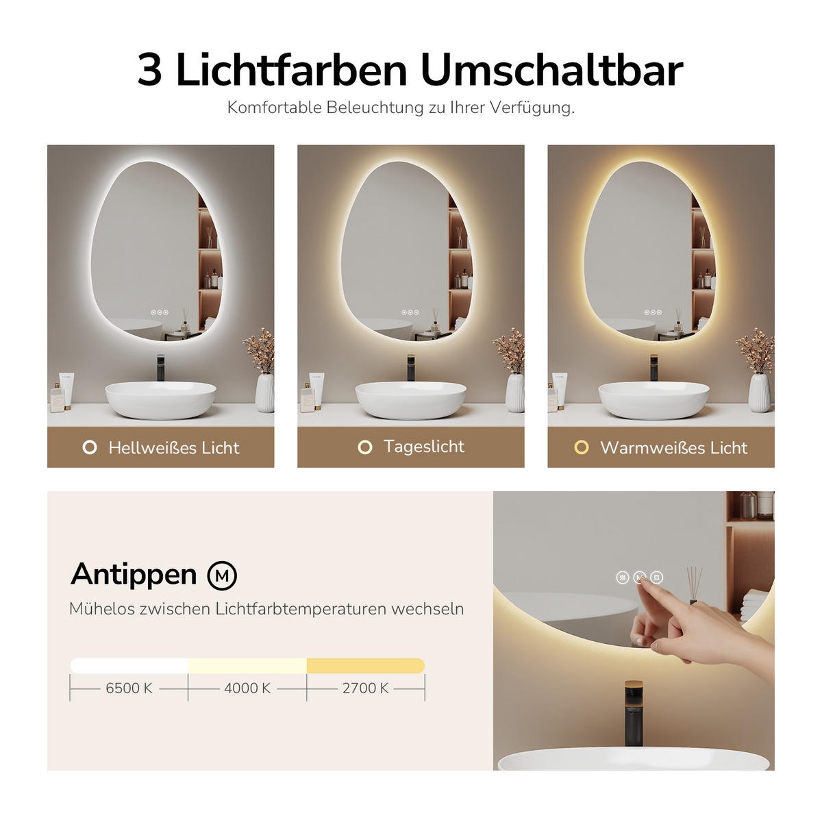 BADSPIEGEL mit Beleuchtung, Anti-Beschlag 75/55/3 cm - Weiß, Glas (55/2.9/75cm) - EMKE